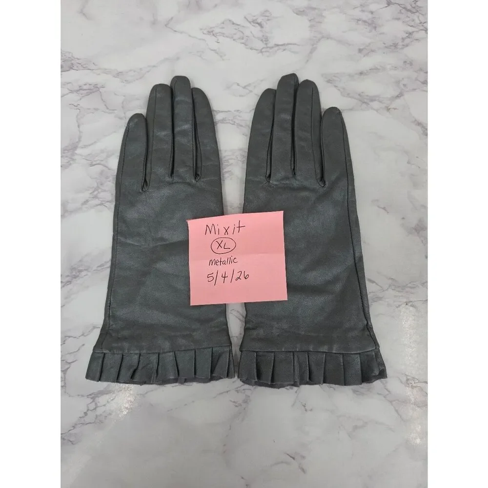 Mixit Metallic Gray Leather Driving Dress Gloves with Pleated Cuff
